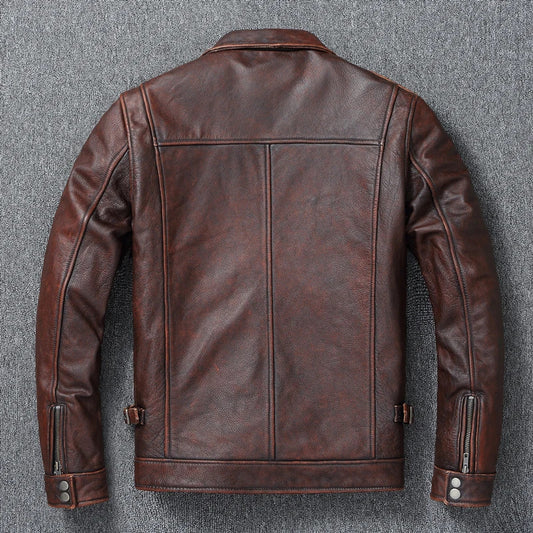 Mens Genuine Leather Biker Jacket: Real Cowhide Winter Coat