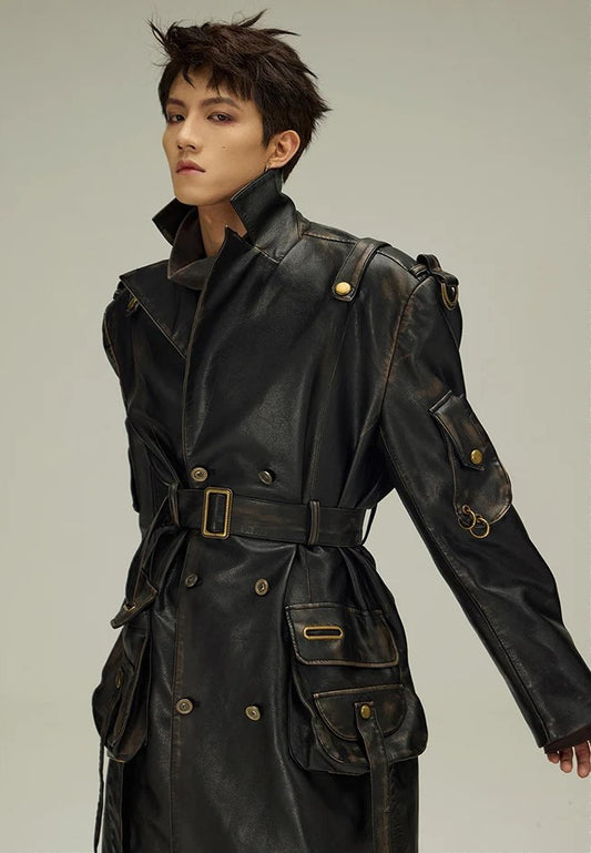 Men's Black Real Leather Trench Coat - Double Breasted, Belted Luxury Fashion 2024