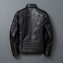 Premium Black Biker Jacket: Classic Men's Genuine Cowhide Leather