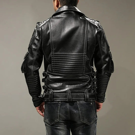 Men's Punk Style Genuine Cowhide Leather Motorcycle Jacket with Pockets