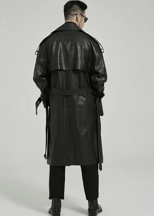 Men's Black Crocodile Print Leather Trench Coat - Double Breasted, Belted Runway Fashion 2024