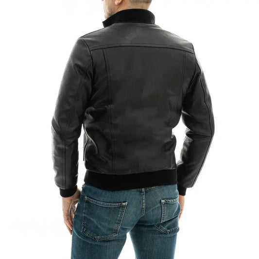 Men's Slim Fit Black Genuine Leather Bomber Jacket with Zip-Up Closure and Pockets