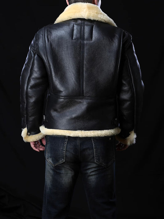 High Quality Super Warm Genuine Sheep Leather Coat Bomber Military Faux Fur Jacket