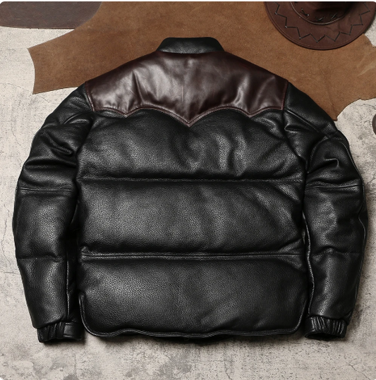 Men's Vintage Leather Down Bread Jacket: Warm Cowhide & Duck Down Outerwear