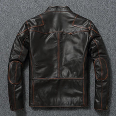 Men's Vintage Cowhide Leather Motorcycle Jacket - Retro Standing Collar Design