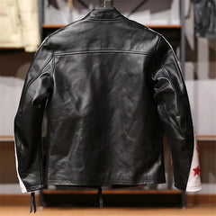 Men's Knight J100 Genuine Leather Jacket with Stand Collar & Red Stripe