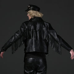 Men’s Black Biker Genuine Sheepskin Cowboy Tassel Western Native American Motorcycle Slim Fit Fringe Leather Jacket