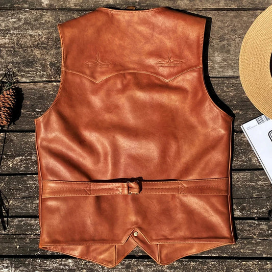 Men's Genuine American Cowhide Leather Summer Vest - Workwear Waistcoat