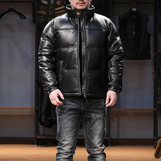 Men's Standing Collar Genuine Leather Sheepskin Down Puffer Coat