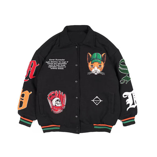 Street Life Baseball Jacket: Sporty Black Style with Unique Design