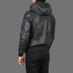 Men's Black Leather Hooded Motorcycle Jacket