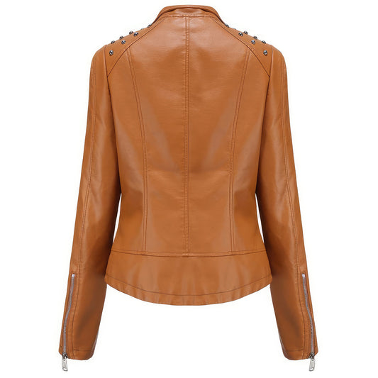 Women’s Camel Brown Biker Genuine Sheepskin Studded Shoulders Fashionable Motorcycle Rivet Crossover Asymmetric Slim Fit Leather Jacket