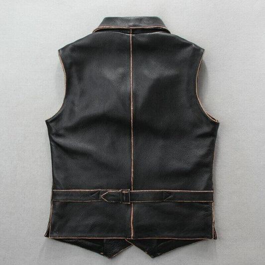 Men's Distressed Black Leather Motorcycle Vest - Real Leather Biker Vest