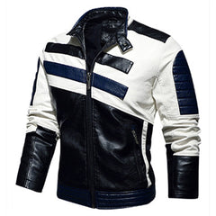 Men’s Black Biker PU Café Racer Stand Collar Striped Black Blue White Toned Outfit Moto Rider Zip-Up Casual Classic Streetwear Slim Fit Faux Leather Jacket