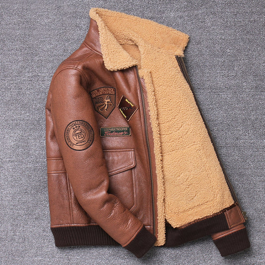 Men’s A2 Aviator Brown Genuine Sheepskin Embroidery Patch Faux Fur Air Force Pilot Military Bomber Leather Jacket