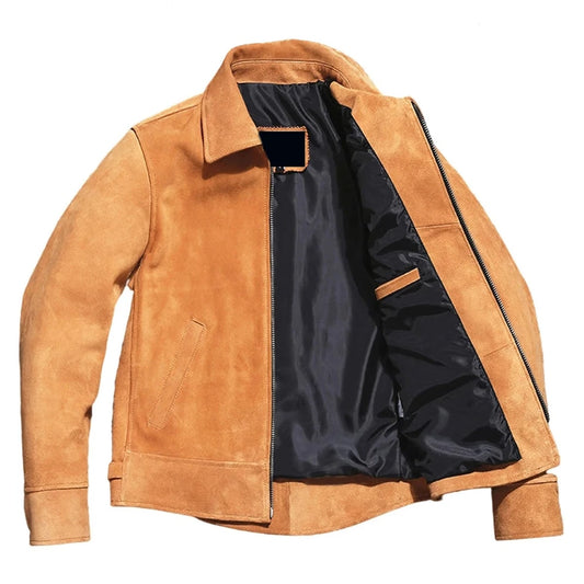 Men’s Trucker Vintage Brown Genuine Suede Turn-Down Collar Moto Biker Retro Leather Jacket