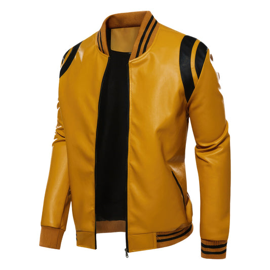 Men’s Yellow Biker Genuine Sheepskin Black Stripes Rib Knit Bomber Sporty Motorcycle Rider Slim Fit Leather Jacket