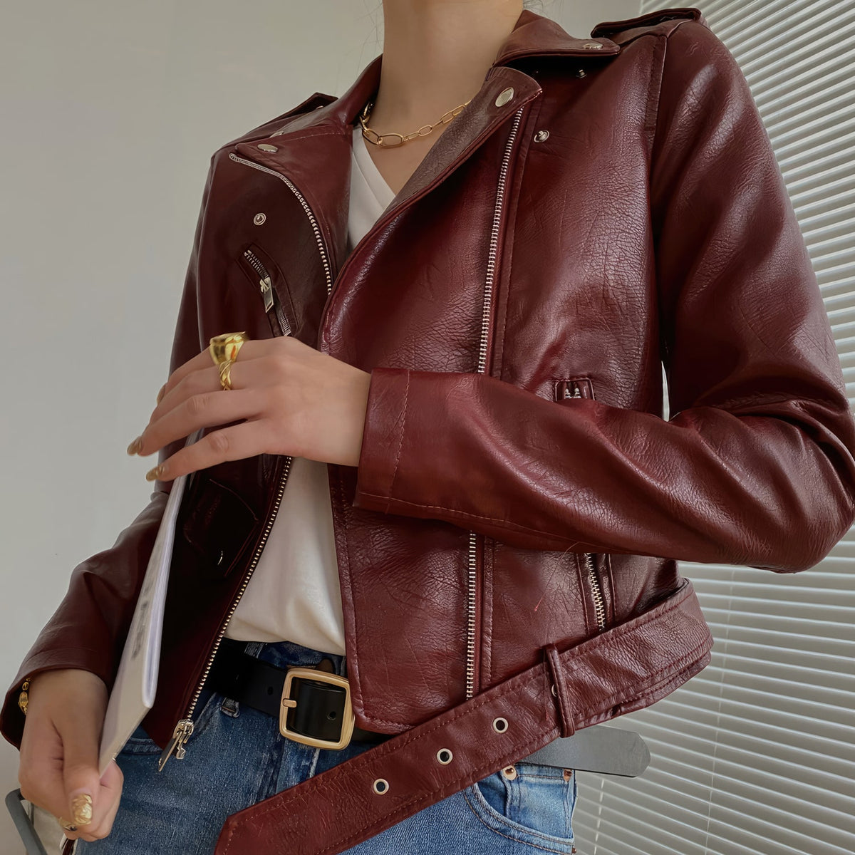 Women's Red Sheepskin Biker Jacket: Café Racer Style, Slim Fit