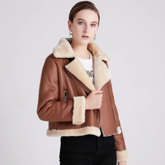 Brown Aviator Genuine Sheepskin Sherpa Shearling Faux Fur Women's Winter Warm Bomber Flight Pilot Leather Jacket