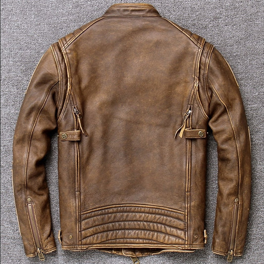 Men’s Vintage Brown Cowhide Genuine Stand Collar Trucker Motorcycle Biker Leather Jacket