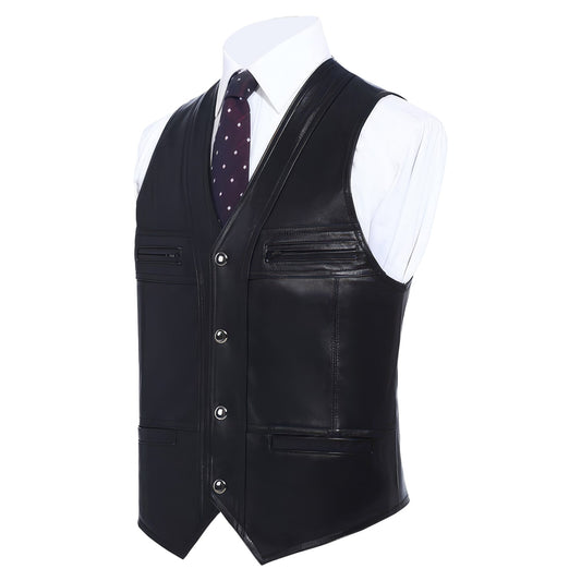 Gentlemen's Business Casual Slim Fit Genuine Sheepskin Sleeveless Vest -Leather Waistcoat for Men