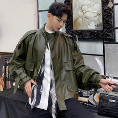 Men’s Army Green Genuine Sheepskin Stand Collar Streetwear Oversized Loose Outfit Bat Sleeve Casual Fashionable Leather Jacket