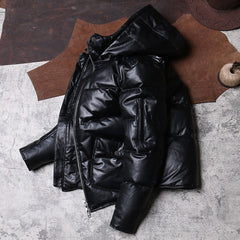 Men’s Black Genuine Sheepskin Removable Hood Padded Fashionable Warm Outfit Winter Puffer Leather Jacket