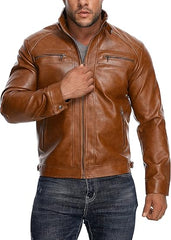 Men's Stand Collar Casual Leather Motorcycle Jacket