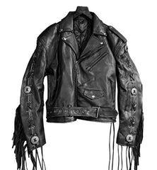 Men's Black Fringe Belt Genuine Leather Biker Jacket