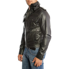 Men's Slim Fit Black & Brown Genuine Leather Biker Jacket with Six Front Pockets