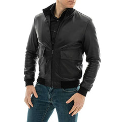 Men's Slim Fit Black Genuine Leather Bomber Jacket with Zip-Up Closure and Pockets