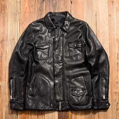 Men's Vintage Sheepskin Leather Motorcycle Jacket - Turn-Down Collar, Long Sleeve, Autumn Punk Style