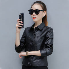 Women’s Black Genuine Sheepskin Shirt Collar Moto Café Racer Sporty Korean Fashion Chic Slim Fit Leather Jacket