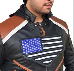 Men's Premium Genuine Leather Biker Jacket with USA Flag - New Style