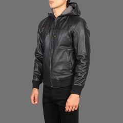 Men's Black Leather Hooded Motorcycle Jacket