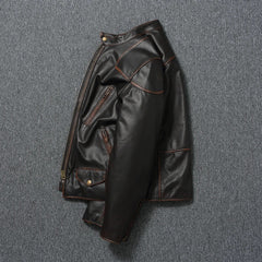 Men's Vintage Cowhide Leather Motorcycle Jacket - Retro Standing Collar Design