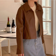 Women’s Genuine Sheepskin Shirt Collar Casual Korean Retro Fashion Chic Retro Zip-Up Smooth Loose Lightweight Leather Jacket