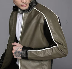 Men's Olive Green Casual Motorcycle Biker Leather Jacket