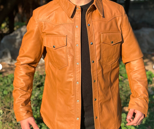 Men's Brown Genuine Lambskin Leather Motorcycle Shirt