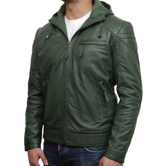 Men's Green Hooded Biker Leather Jacket