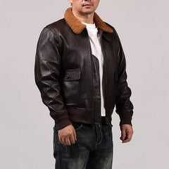 Men's Slim Fit Vintage G1 Jacket - Genuine Cow Leather with Wool Collar