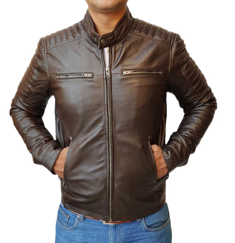 Men's Handmade Slim Fit Lambskin Leather Jacket: Best Motorcycle Biker Cafe Racing Jacket