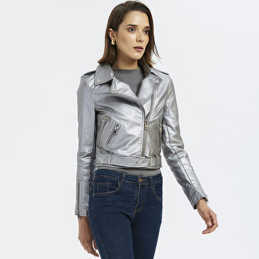 : Women’s Silver Biker Genuine Sheepskin Lapel Collar Rivet Asymmetric Zip-Up Motorcycle Racer Belted Slim Fit Leather Jacket