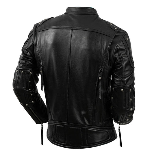 Men’s Black Biker Genuine Cowhide Stand Collar Motorcycle Rider Casual Classic Fashionable Slim Fit Zip-Up Leather Jacket