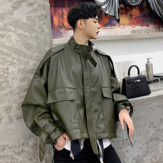 Men’s Army Green Genuine Sheepskin Stand Collar Streetwear Oversized Loose Outfit Bat Sleeve Casual Fashionable Leather Jacket