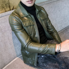 Men’s Green Biker Genuine Sheepskin Shirt Collar Café Racer Retro Zip-Up Casual Slim Fit Moto Rider Smooth Leather Jacket