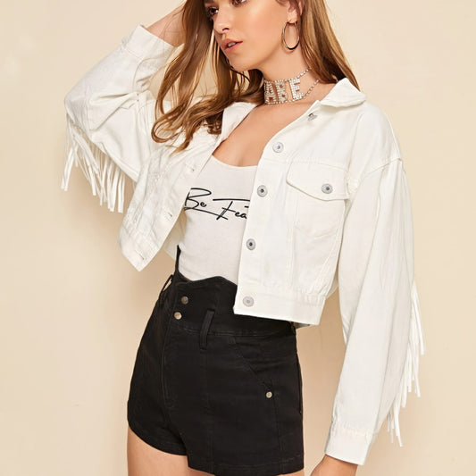 Stylish Women's White Denim Crop Top with Tassels - Perfect for Spring and Autumn - Casual and Classic Fringe Jeans Jacket