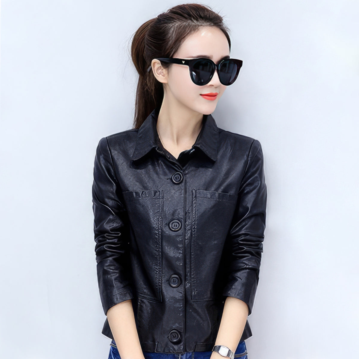 Women’s Black Genuine Sheepskin Shirt Collar Moto Café Racer Sporty Korean Fashion Chic Slim Fit Leather Jacket