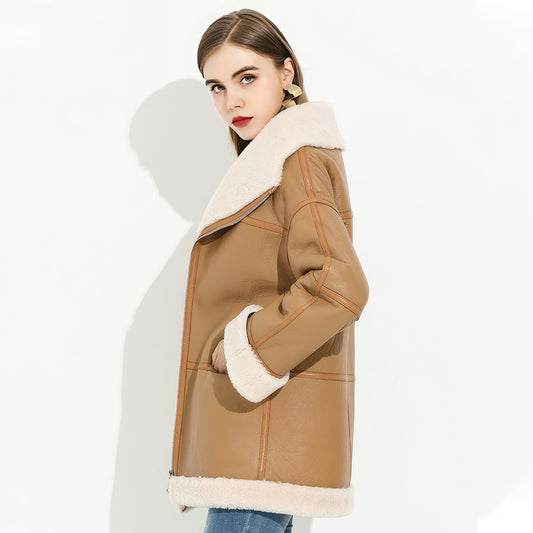 Women’s Camel Brown Genuine Sheepskin Sherpa Shearling Faux Fur Lined Winter Warm Eco-Fur Fashionable Aviator Pilot Leather Jacket