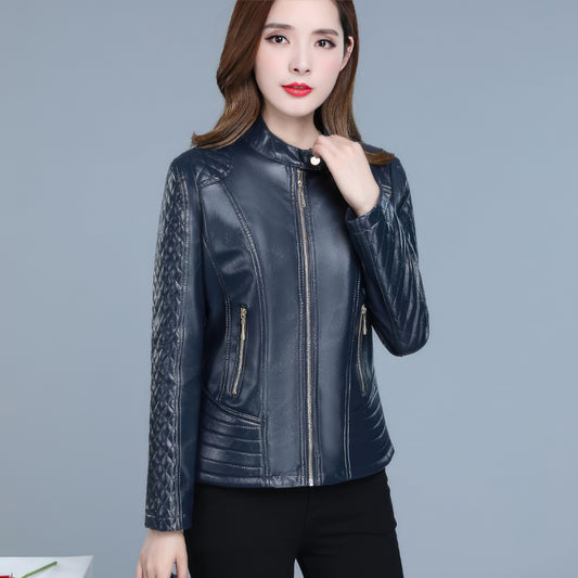 Women’s Blue Genuine Sheepskin Diamond Quilted Sleeves Smooth Lightweight Korean Fashion Slim Fit Retro Leather Jacket